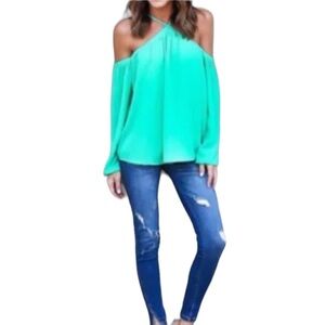 OFF SHOULDER  size large mint green 3/4 sleeve top optional tie at neck